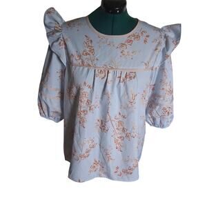 Sage Vell L Blue Toile Floral Ruffle Puff Sleeve Cotton Blouse